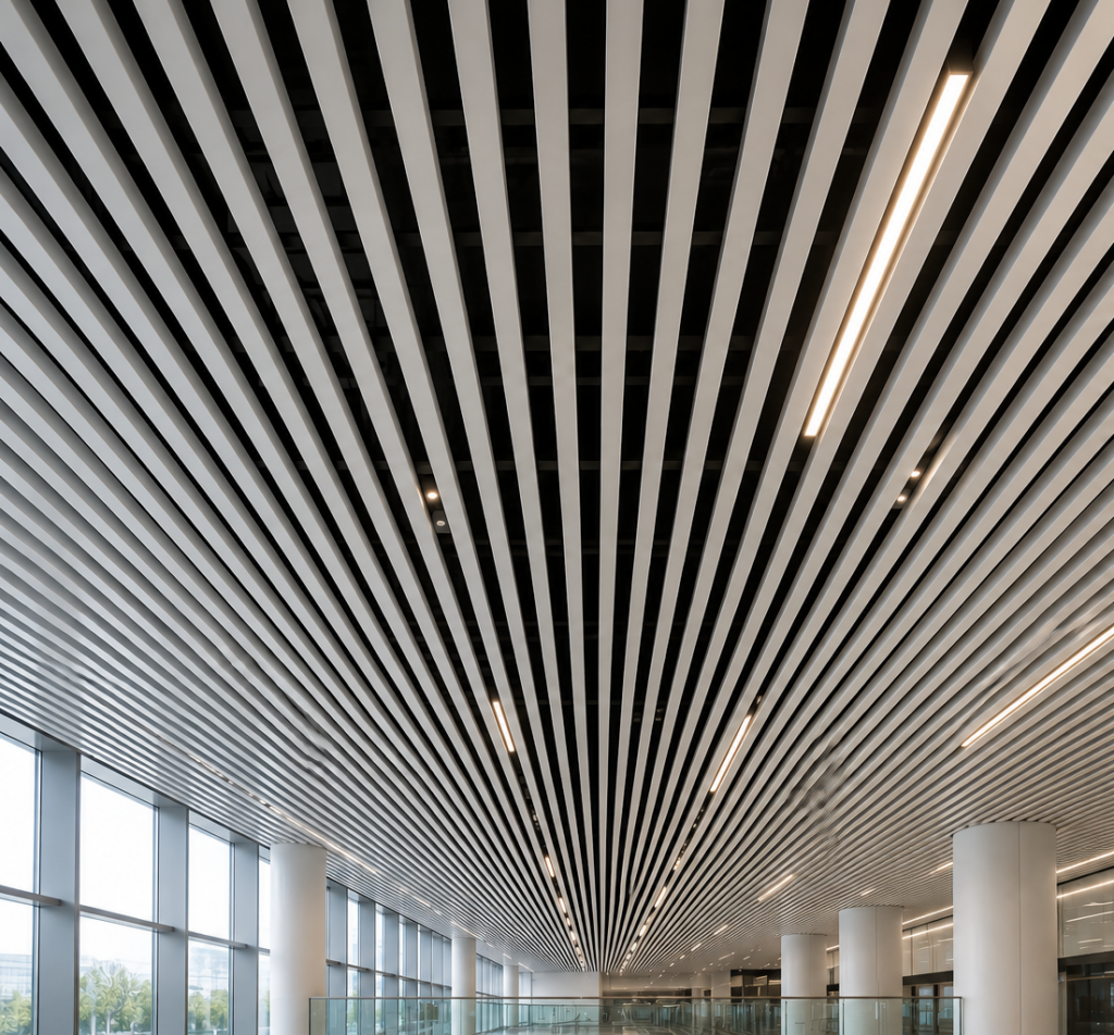 Ceiling strip lights in an open-gap linear aluminium strip ceiling