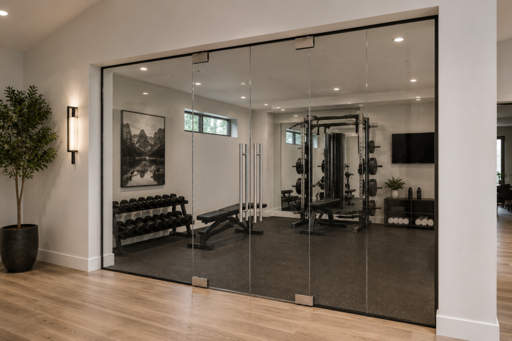 Tempered glass door set into a partition wall