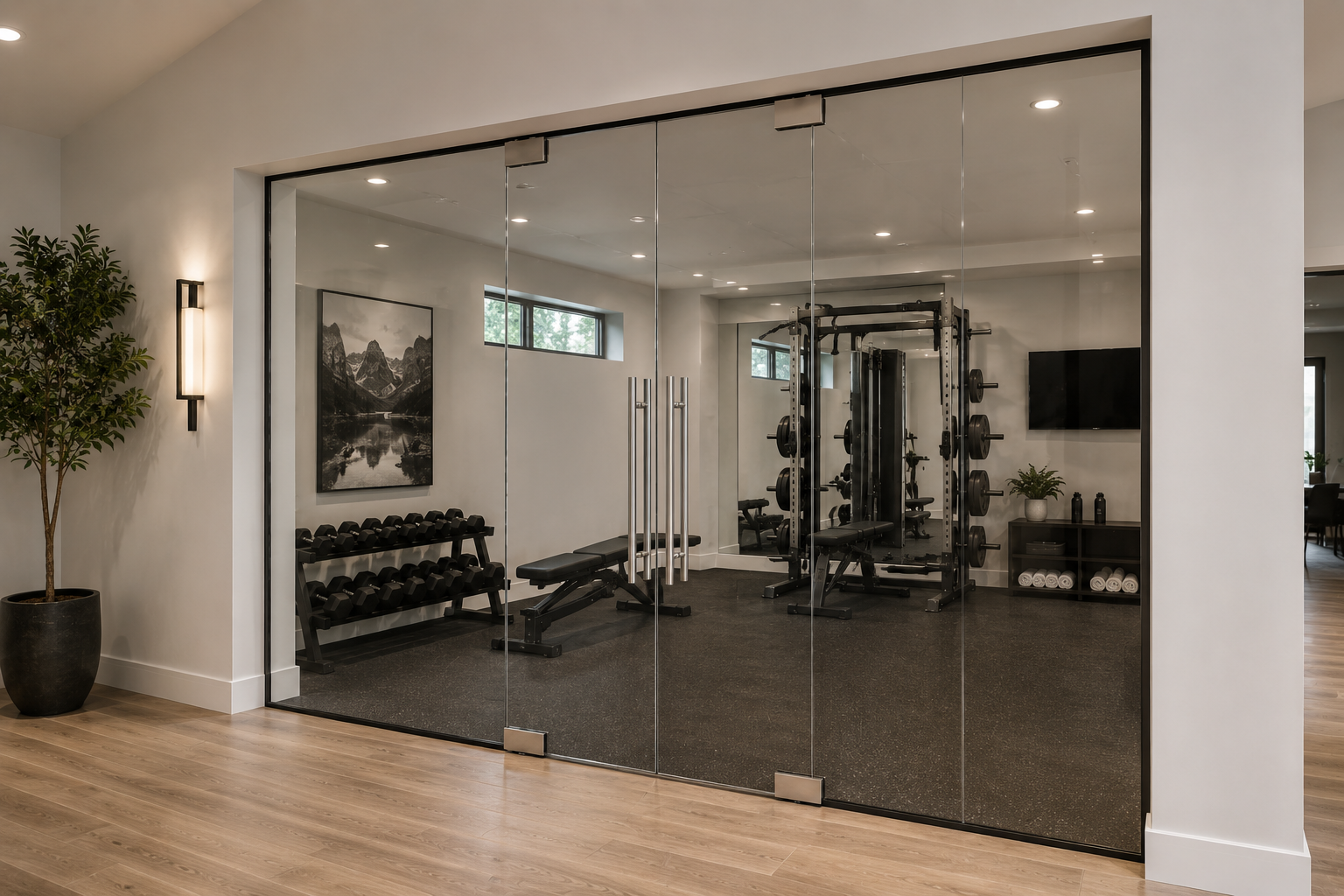 Frameless tempered glass door set in a partition wall
