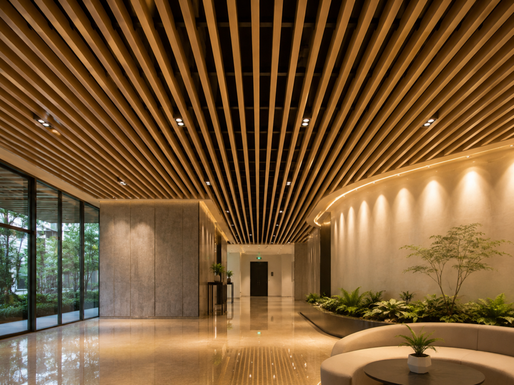 Baffle ceiling fitted overhead in a modern interior