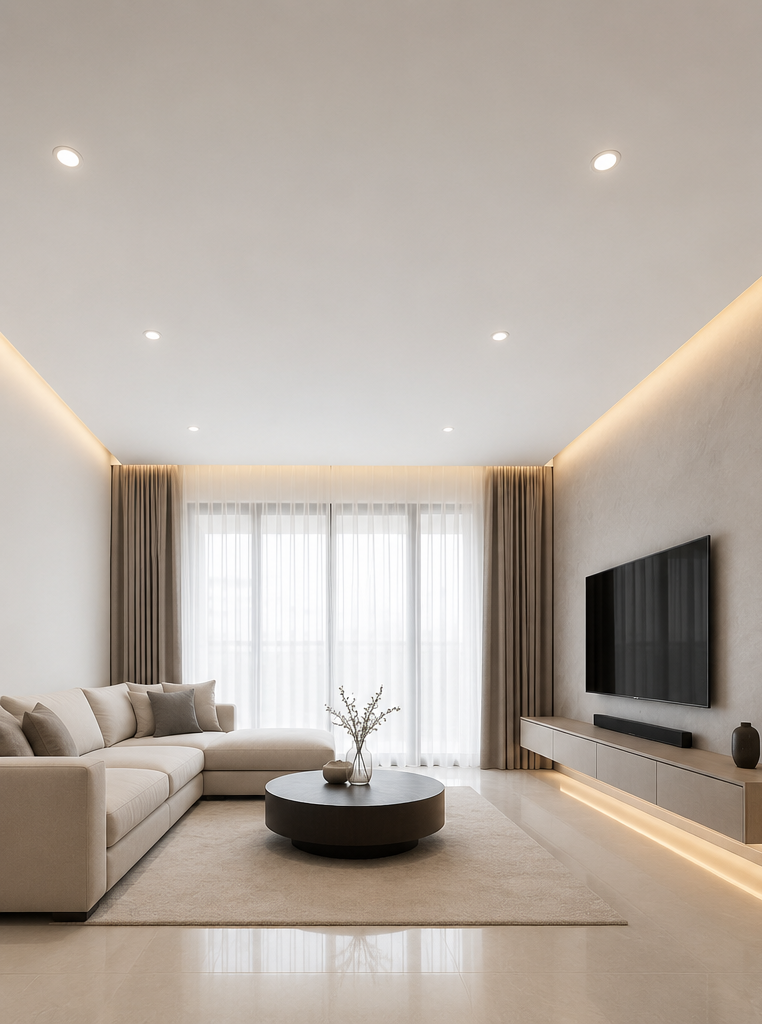 Flat plaster ceiling design with clean, seamless lines