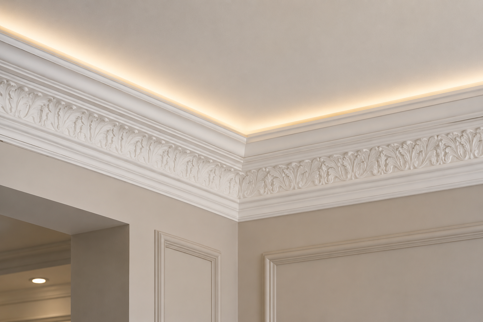 Plaster ceiling cornice and decorative feature detailing