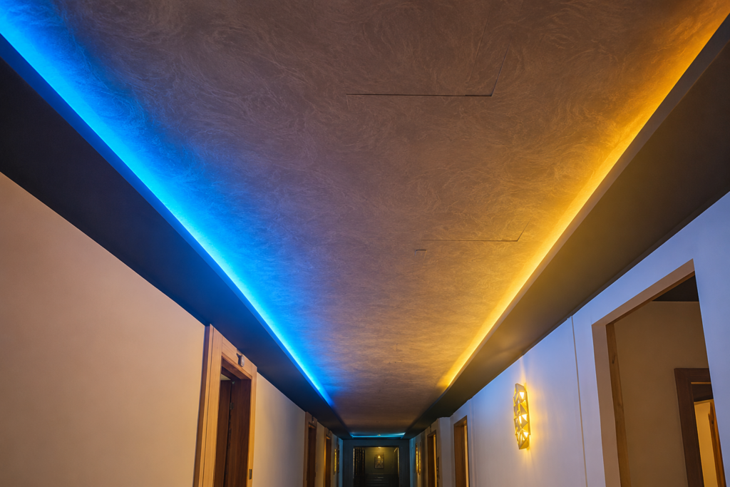 Plaster ceiling finished to level lines by a ceiling installation crew