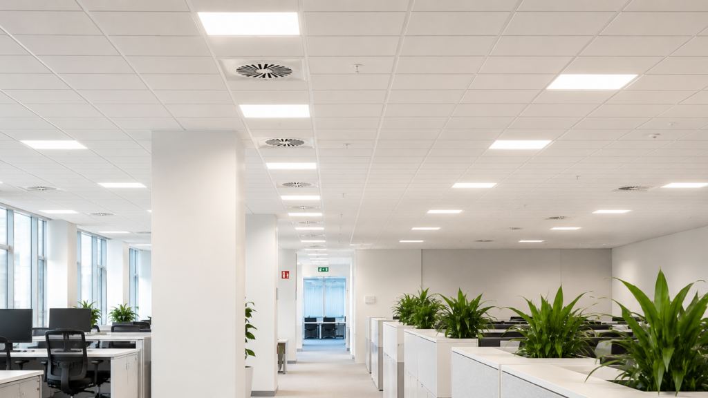 Suspended ceiling with acoustic tiles in an office