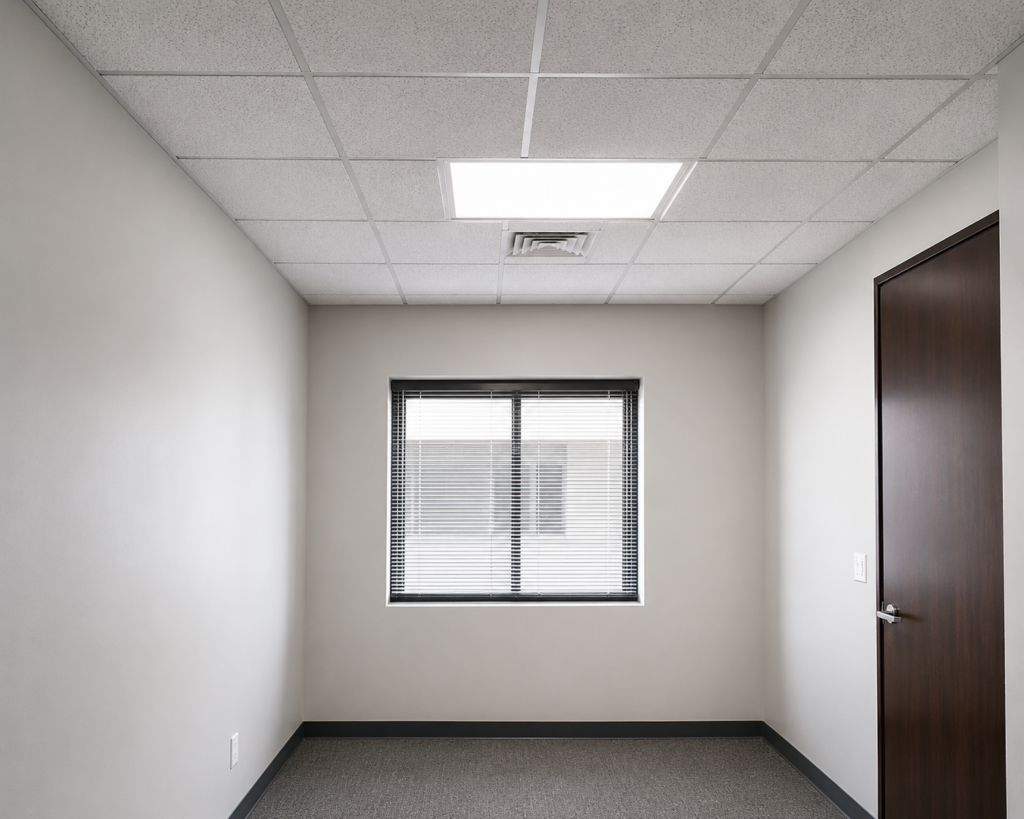 Acoustic ceiling tiles set in a suspended grid