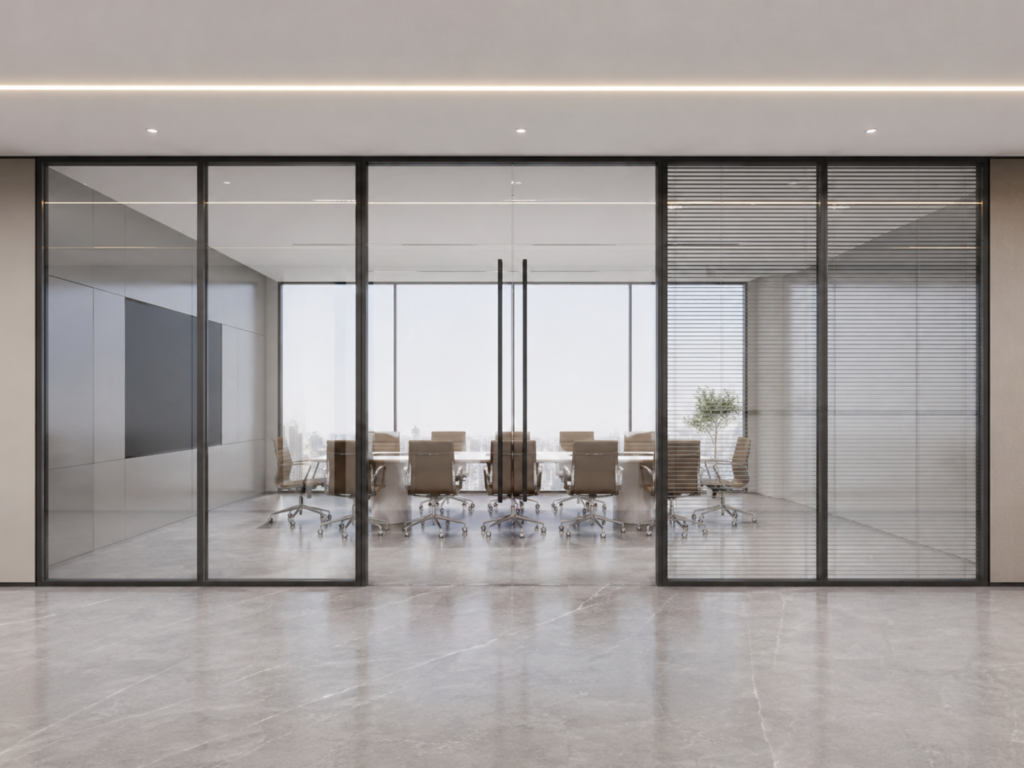 Glass partition in an aluminium-framed tempered glass system