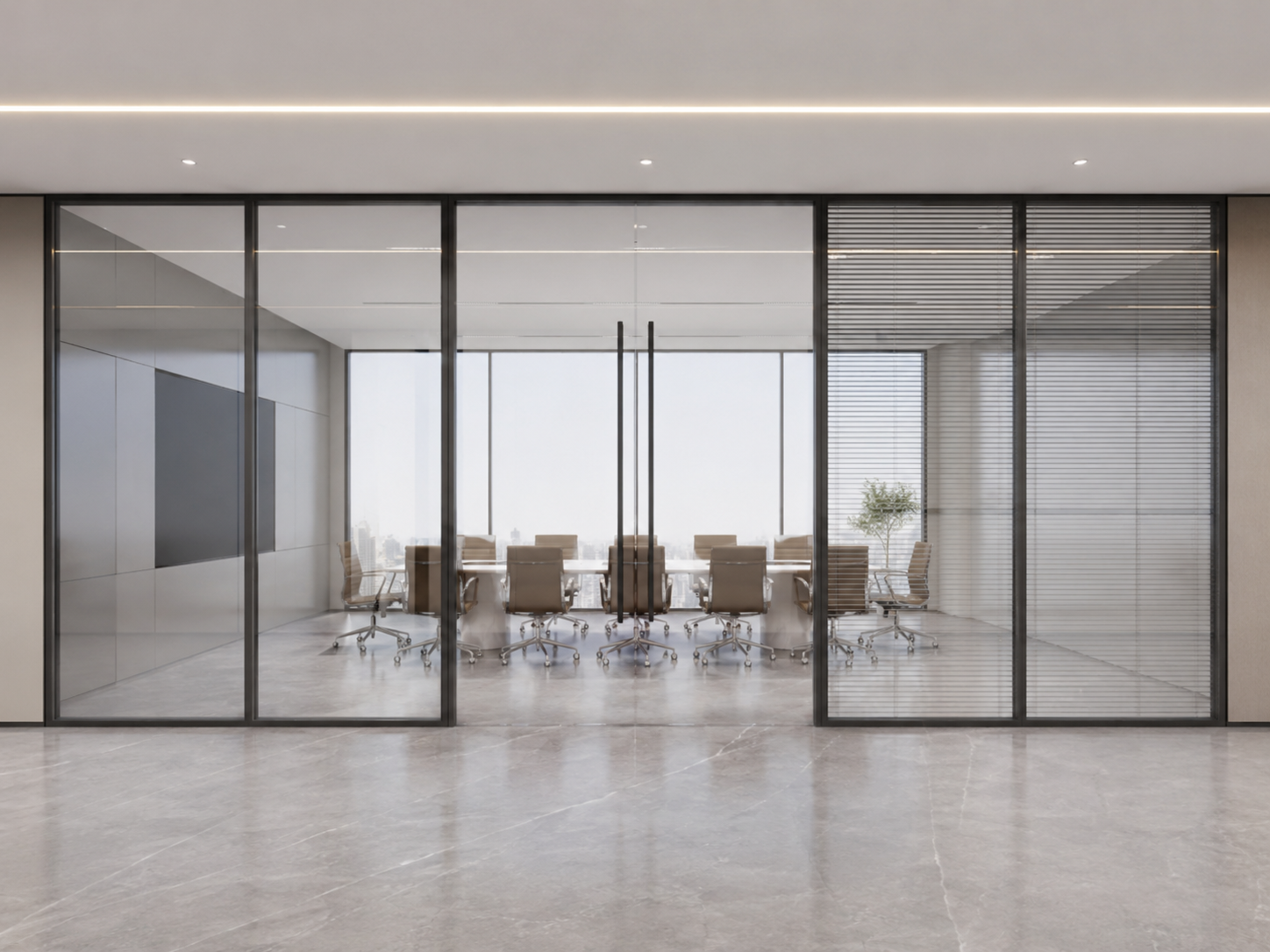 Aluminium-framed tempered glass partitions