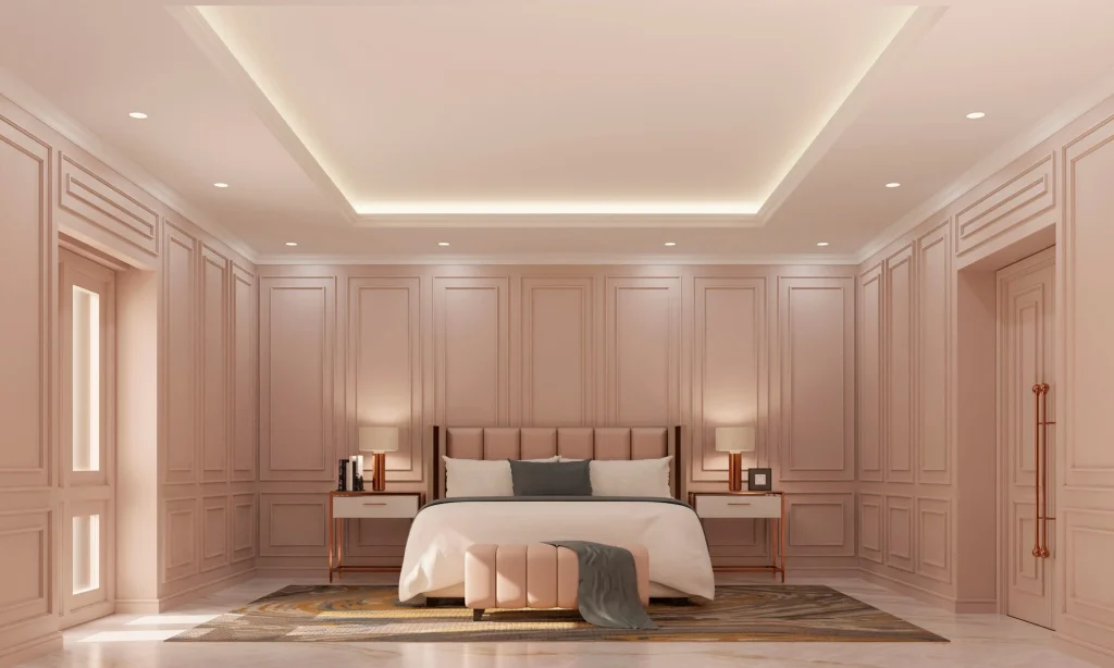 Elegant interior with recessed cove plaster ceiling and warm downlights — Hypro plaster ceiling work