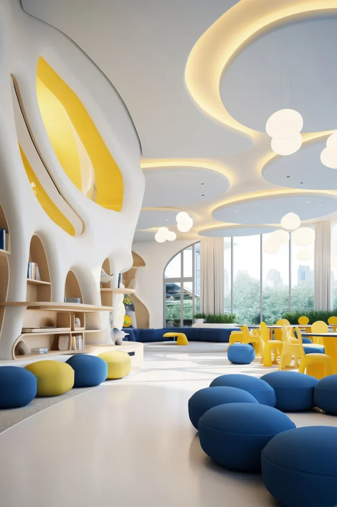 Colourful kindergarten play space with curved sculptural feature ceiling and cove lighting — Hypro ceiling and renovation