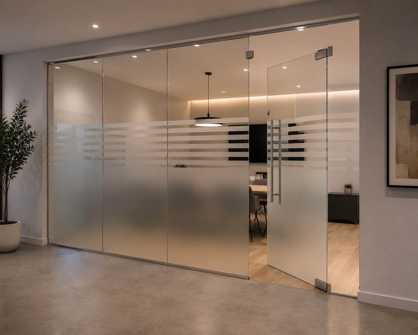 Tempered glass partition with frosted privacy finish