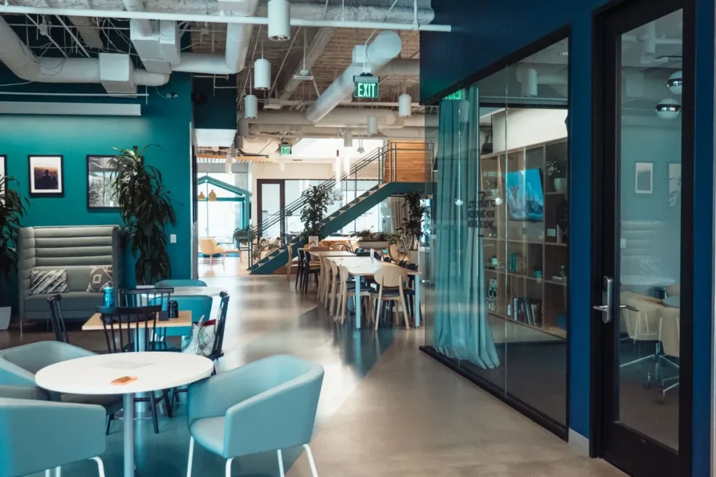Office partition wall glass fronts dividing rooms in a coworking space