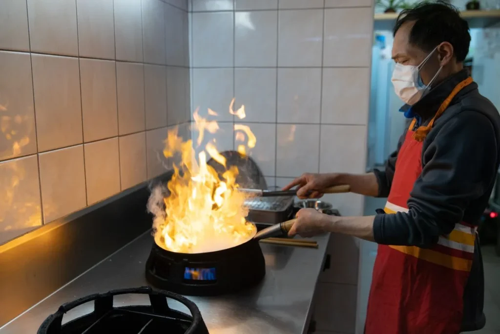 Chef cooking at a wok station in a commercial kitchen suited to a PVC ceiling